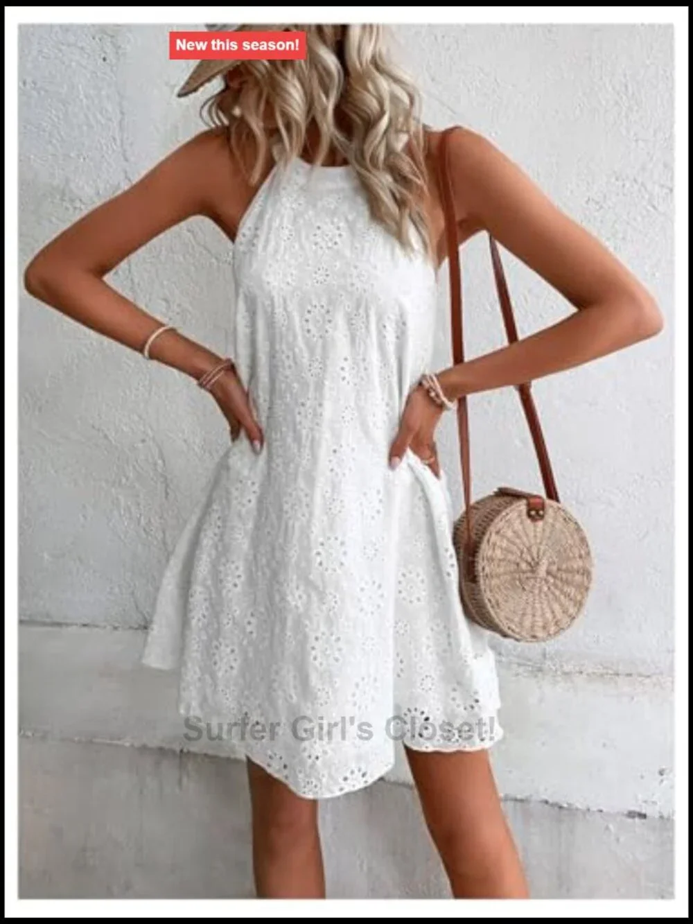 Women's Eyelet Halter A-Line Flowy Mini Sundress Keyhole Back Vacation